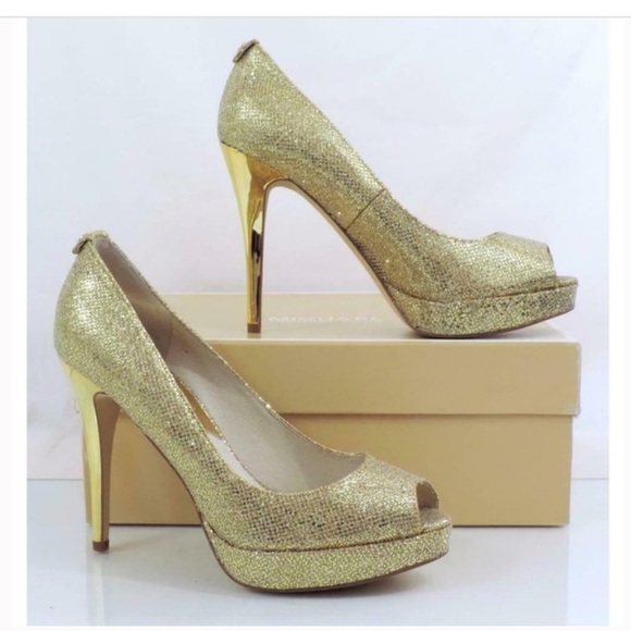 Michael Kors York Evening Platform Open Toe Pumps Heels Gold Glitter - Picture 2 of 8